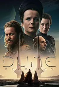 Официальный постер сериала «Dune: Prophecy» (2024): величественные лица главных героев возвышаются над пустыней с футуристическими башнями.